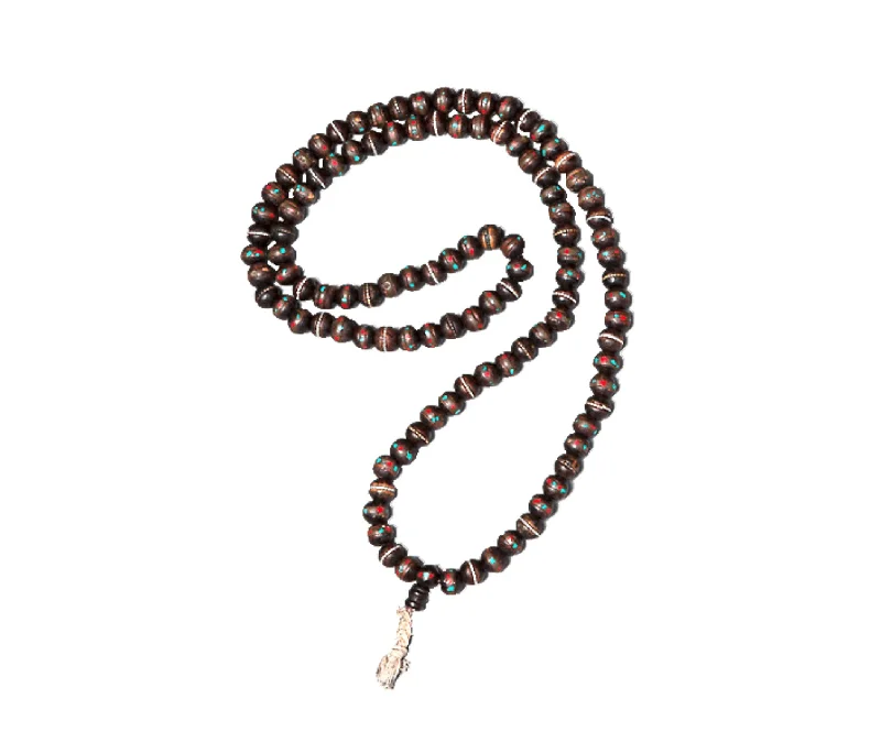 Maru Mala, Traditional nepalese mala, Wood and Stone, Howlite and Coral