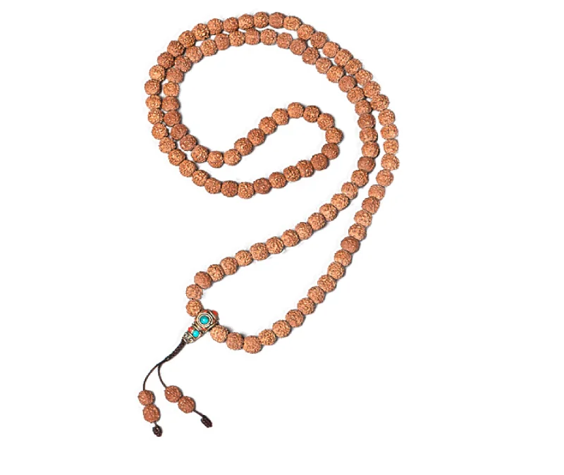 Traditional rudraksha mala, authentic stone fruit, howlite and coral, Spiritual, Protection