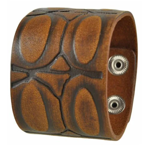 Turtle Shell Engraved Brown Leather Snap On Cuff