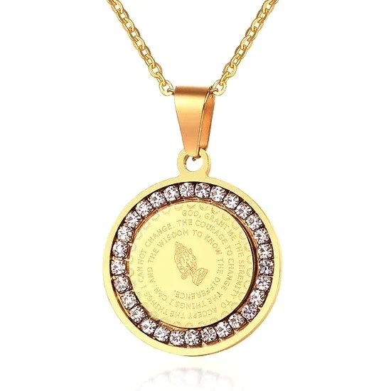 Classy Men Gold CZ Serenity Prayer Pendant Necklace