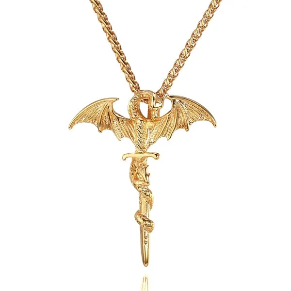 Classy Men Gold Dragon Sword Pendant Necklace