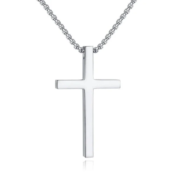 Classy Men Long Silver Cross Pendant Necklace