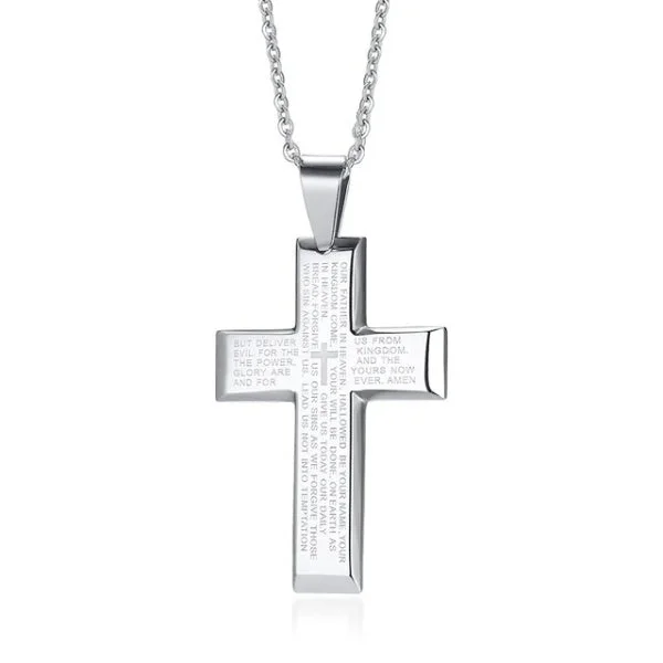 Classy Men Silver Bible Verse Cross Pendant Necklace