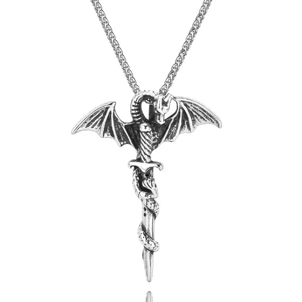 Classy Men Silver Dragon Sword Pendant Necklace