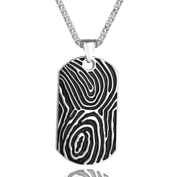 Classy Men Silver Fingerprint Dog Tag Pendant Necklace