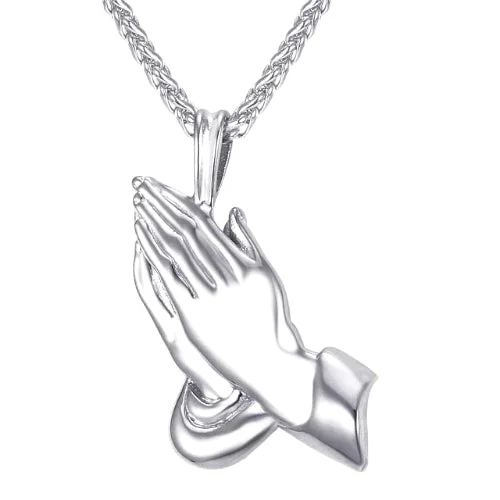 Classy Men Silver Praying Hands Pendant Necklace