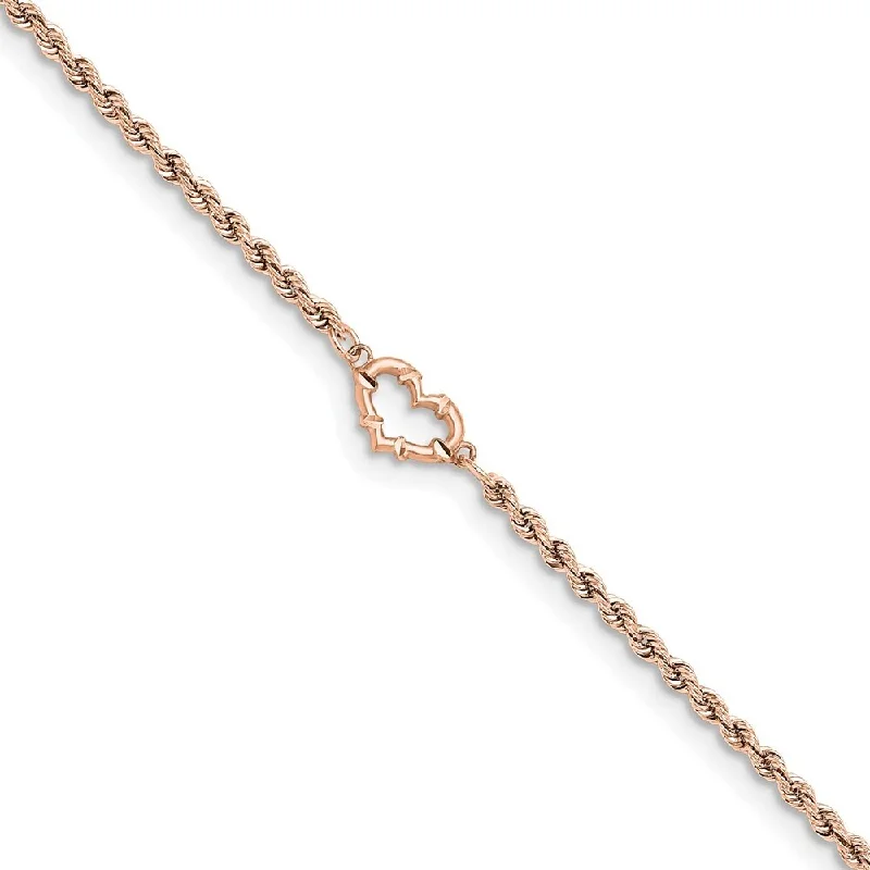 14k Rose Gold Diamond-cut Rope with Heart Anklet, 10" (W-10mm)