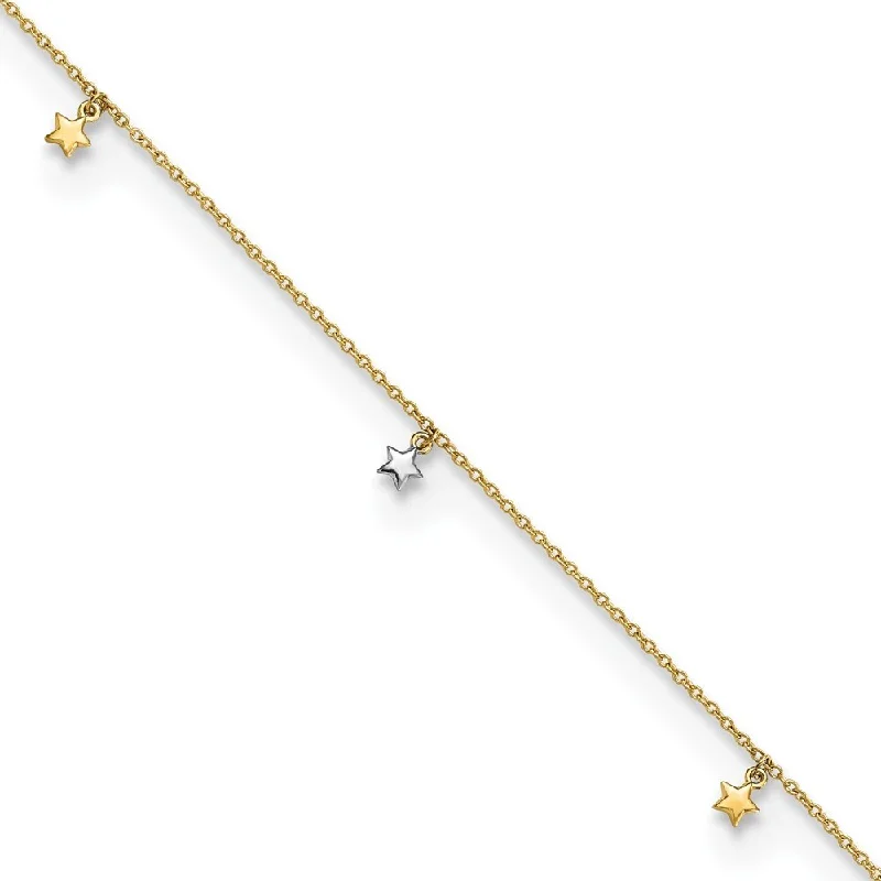 14k Two-tone Diamond-cut Stars Anklet, 9" w/1in Extender