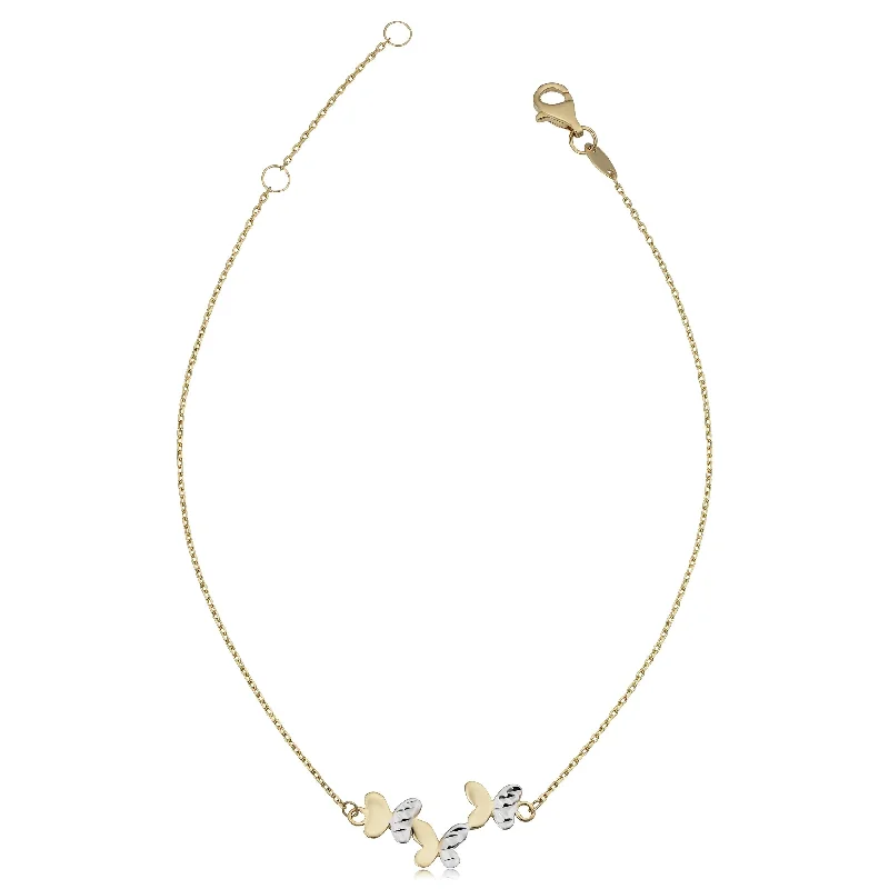 14k Two-Tone Gold Triple Butterfly Adjustable Length Anklet (adjusts to 9 or 10 inches)