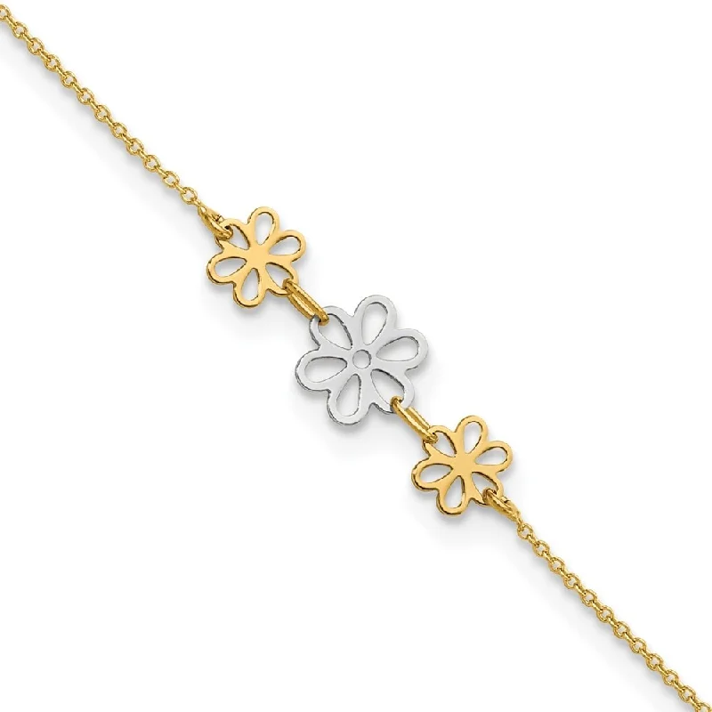 14k Two-tone Three Flower Anklet, 9" w/1in Extender