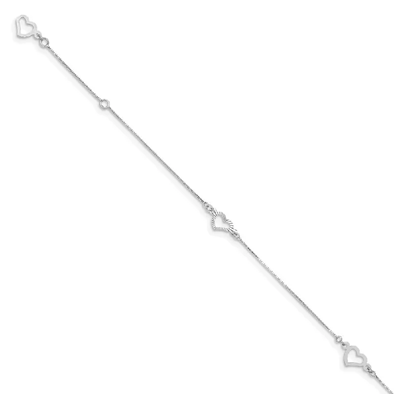 14k White Gold Fancy Heart Anklet, 9" w/1in Extender