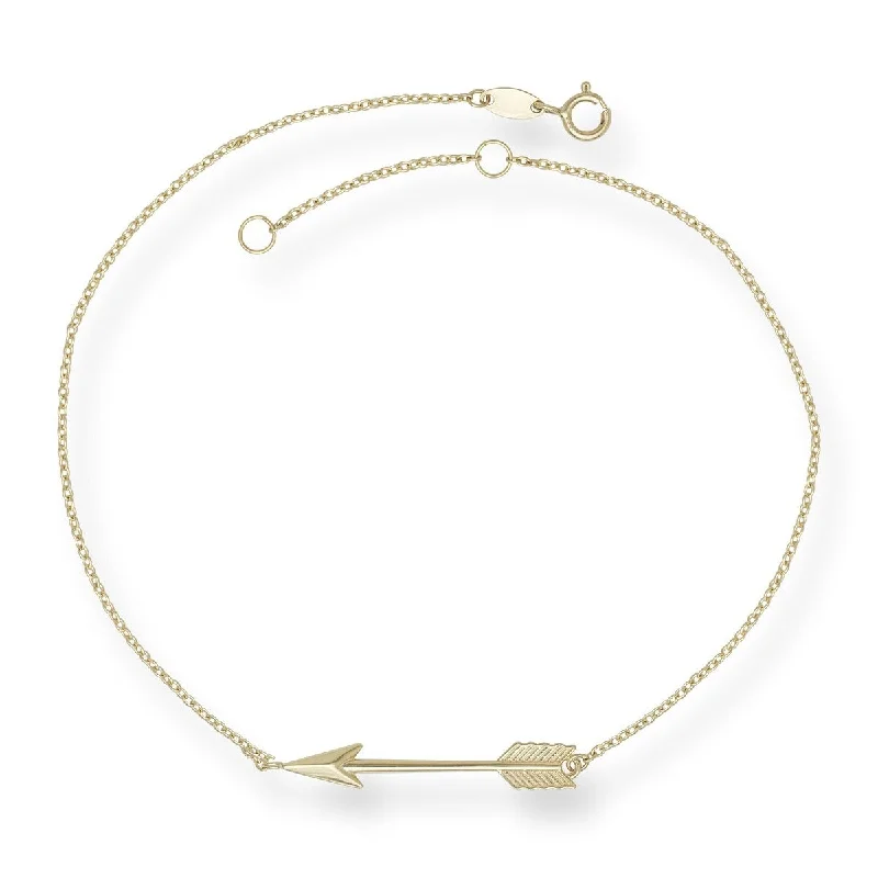 14k Yellow Gold 9-inch Polished Arrow Anklet (with 1-inch extender) - Orange