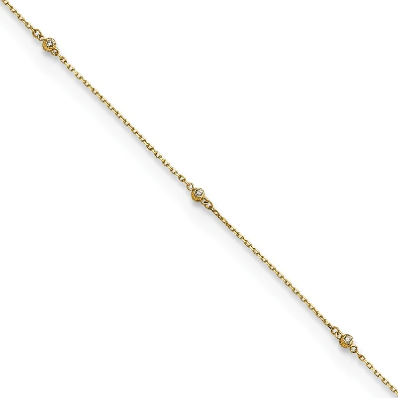 14k Yellow Gold Cubic-Zirconia 5 Station Anklet, 9" w/1in Extender