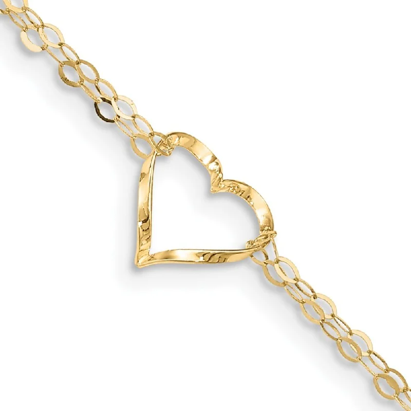 14k Yellow Gold Double Strand Heart Anklet, 10" w/1in Extender