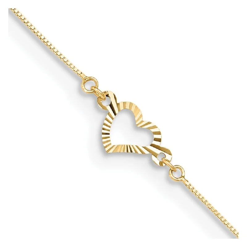 14k Yellow Gold Fancy Heart Anklet, 10" w/1in Extender