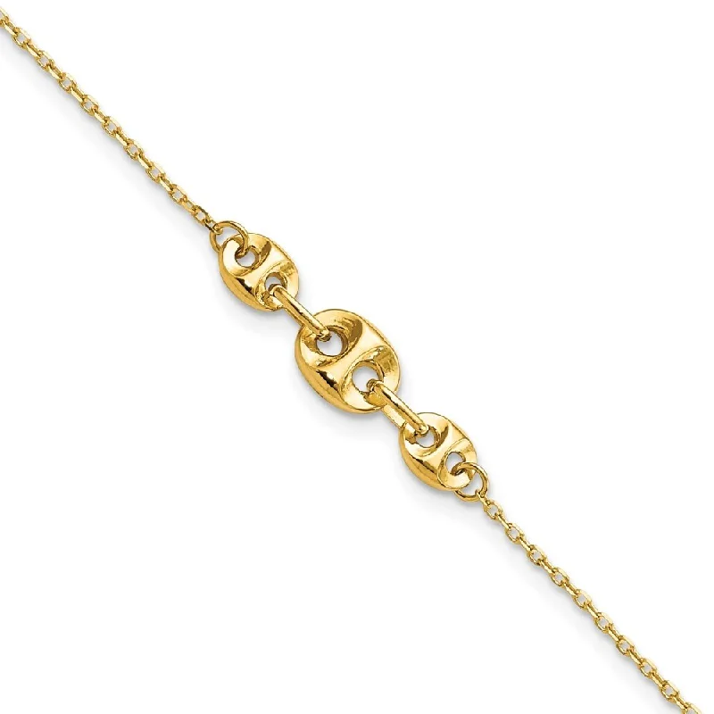 14k Yellow Gold Fancy Link Anklet, 9" w/1in Extender