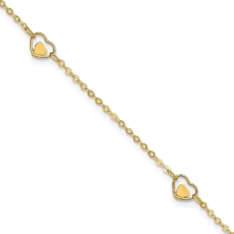 14k Yellow Gold Heart Anklet, 9" w/1in Extender