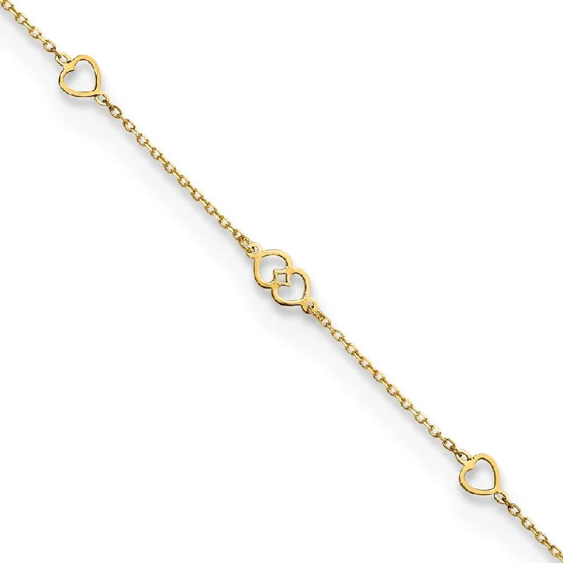 14k Yellow Gold Hearts Anklet, 9" w/1in Extender