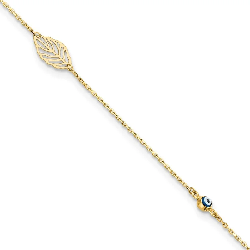 14k Yellow Gold Leaf and Glass Eye Bead Anklet, 9" w/1in Extender