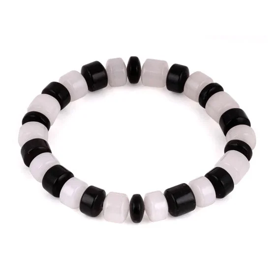 8mm Plain Drums Black Jasper/Snow Quartz Gem Stone Bracelet