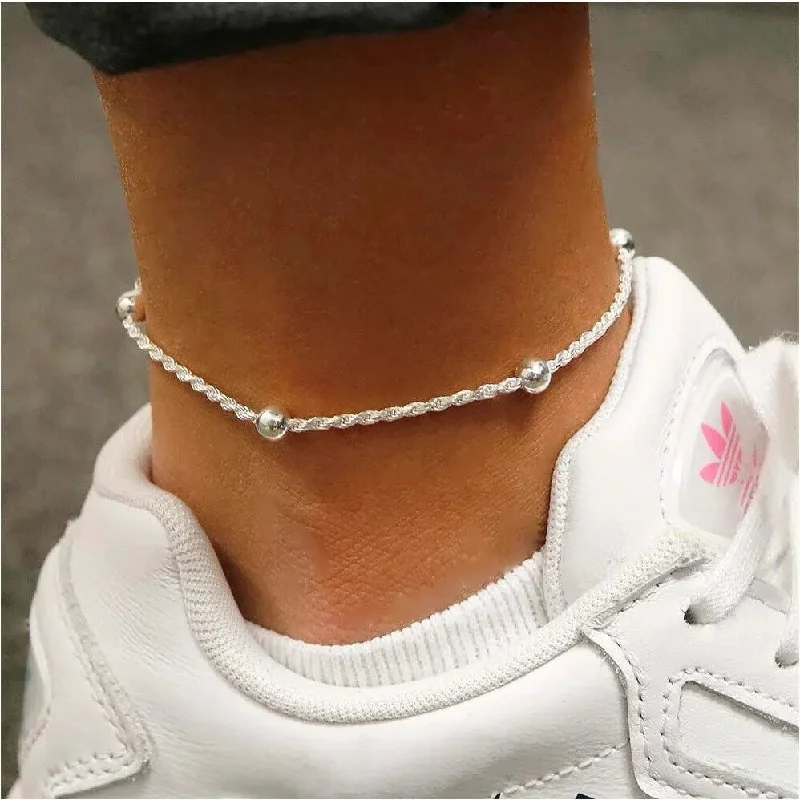 925 Sterling Silver 1.5MM Diamond Cut Rope Bead Anklet 9" or 10"