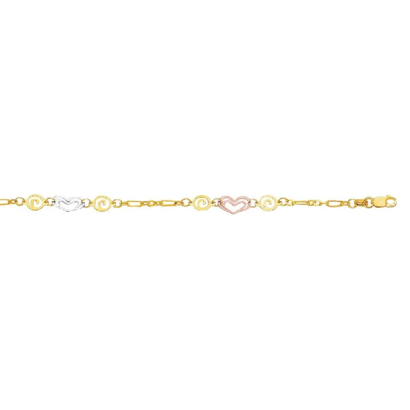 Curata 14K Tri-color Gold 10" Heart and Swirl Anklet