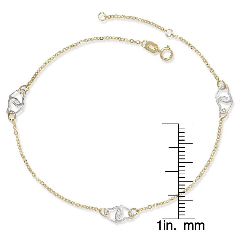 Curata 14k Two-tone Gold 10" Adjustable Interlocking Hearts Station Anklet