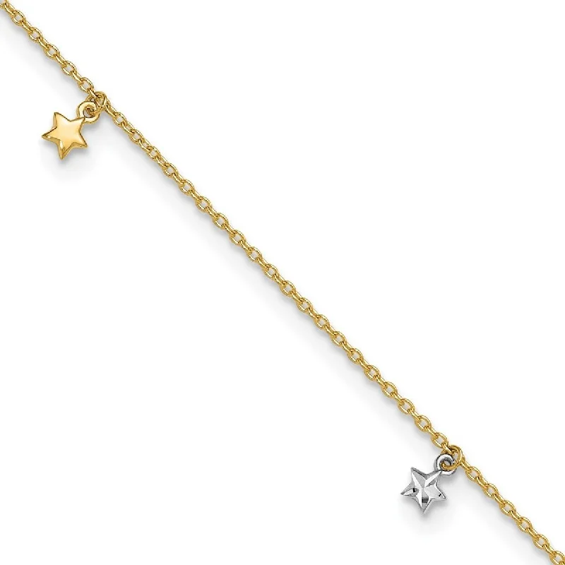 Curata 14k Two tone Gold Polished Sparkle Cut Stars Plus 1 In Ext. Anklet 9 Inch