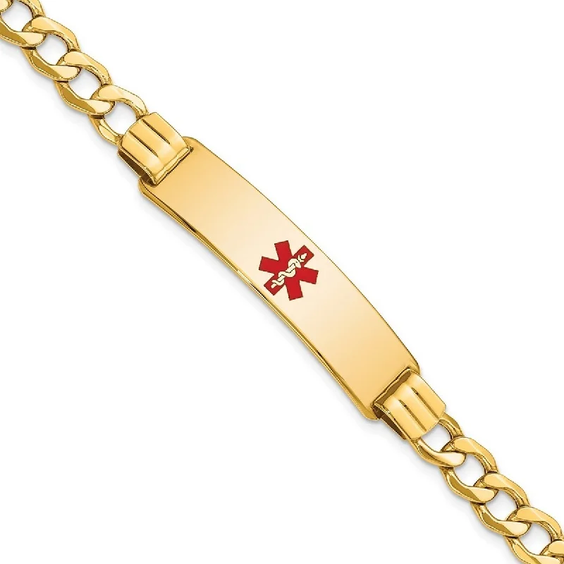 Curata 14k Yellow Gold 10.5mm Engravable Medical Red Enamel Curb Link ID Bracelet