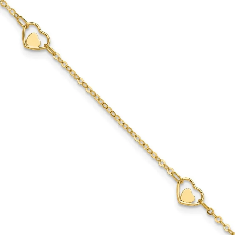 Curata 14k Yellow Gold 9+1" Polished Double Hearts Station Anklet (Lobster)