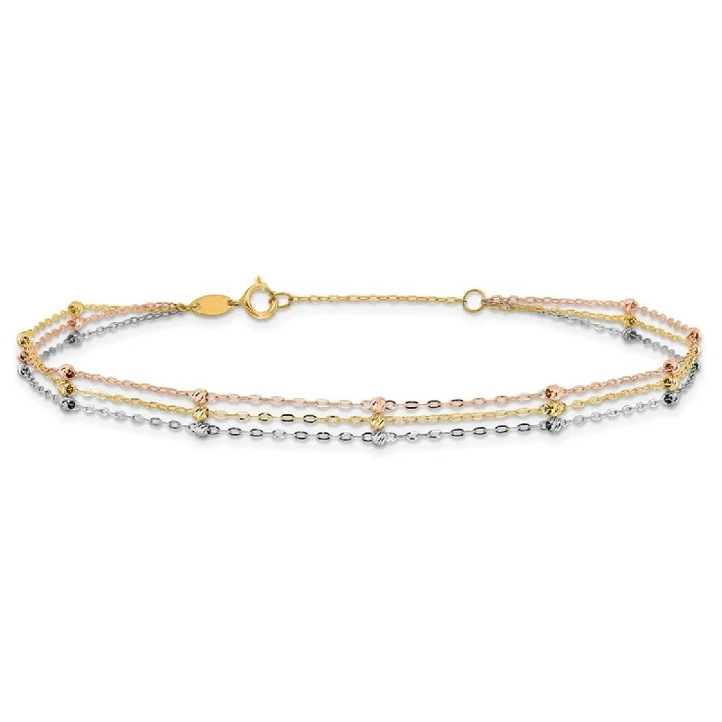 Curata Women's 14k Tri-color 3-strand Diamond-Cut Beaded Anklet - 10 Inch