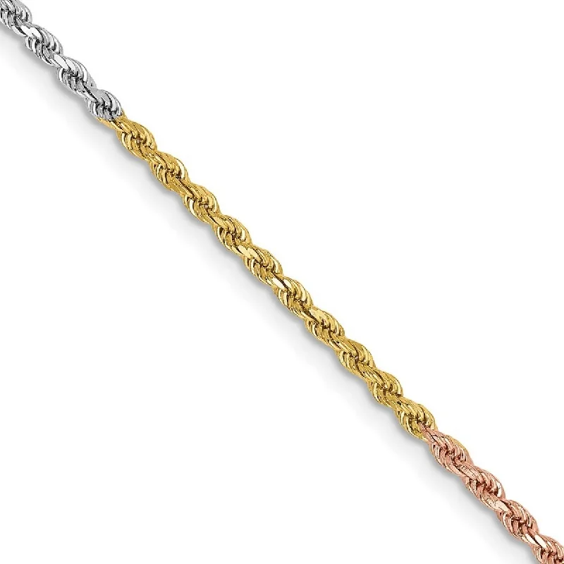 Curata Women's 14k Tri-Color Gold 1.8mm Sparkle-Cut Rope Chain Anklet- 10 Inch