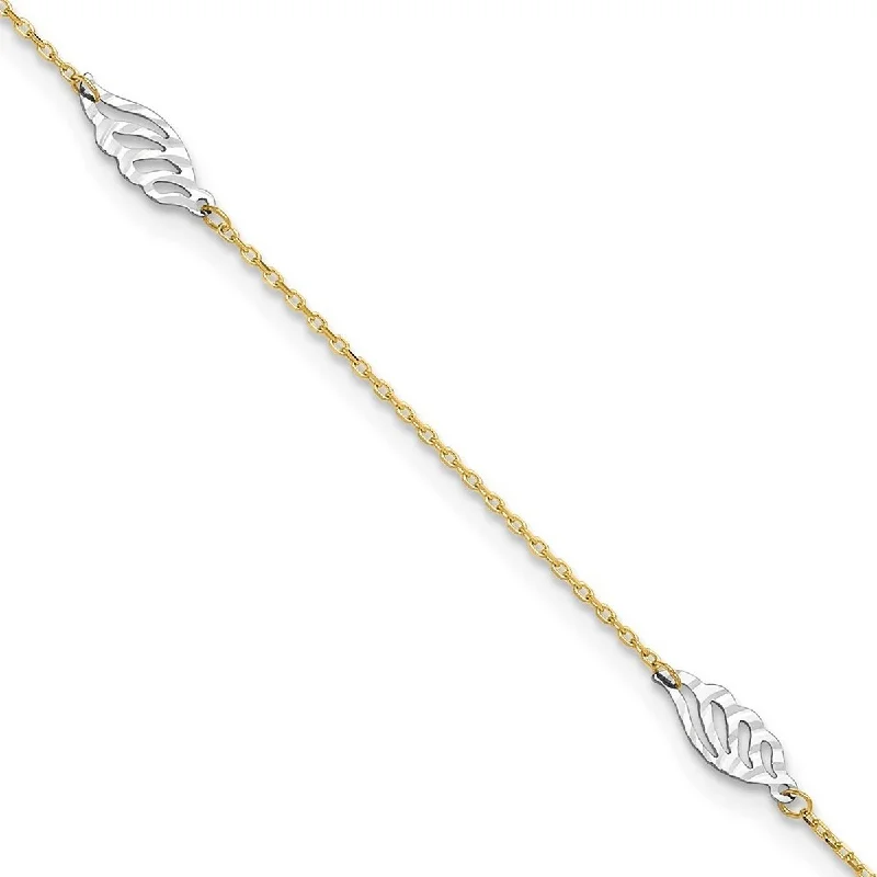 Curata Women's 14k Two-Tone Gold Textured and Polished Leaf Anklet - 10 Inch