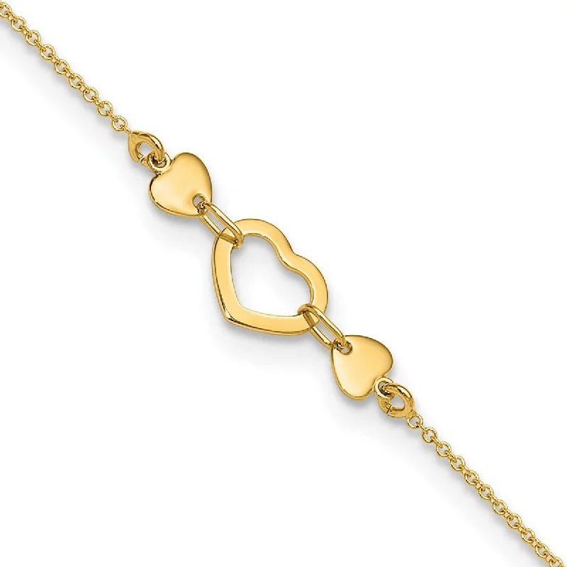 Curata Women's 14k Yellow Gold Polished Heart Anklet - 10 Inch