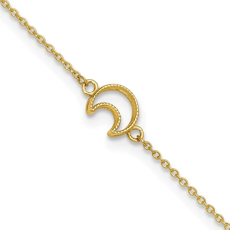 Curata Women's 14k Yellow Gold Textured and Polished Moon Anklet - 10 Inch