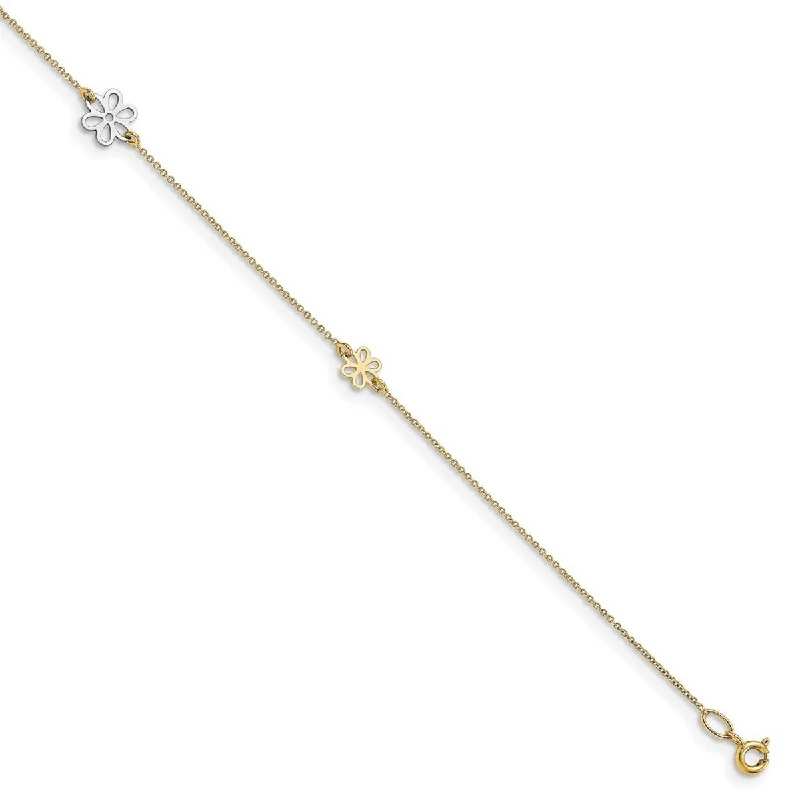 Curata Women's Italian 14k Two-Tone Gold Polished Daisy Flower Station Anklet - 10 Inch