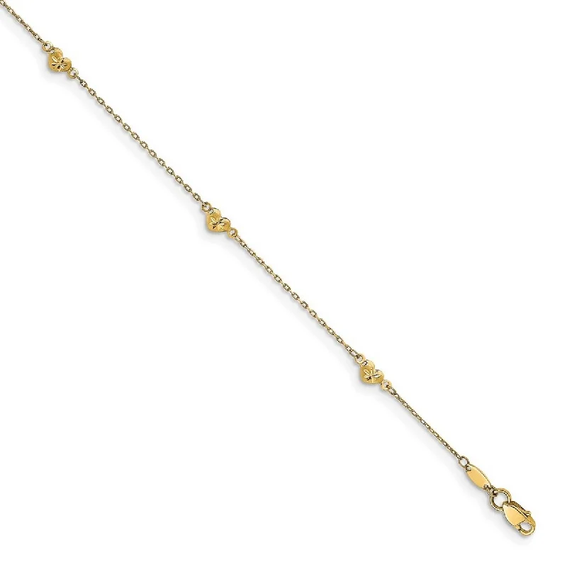 Curata Women's Italian 14k Yellow Gold Polished and Diamond-Cut Heart Anklet - 9+1 Inch