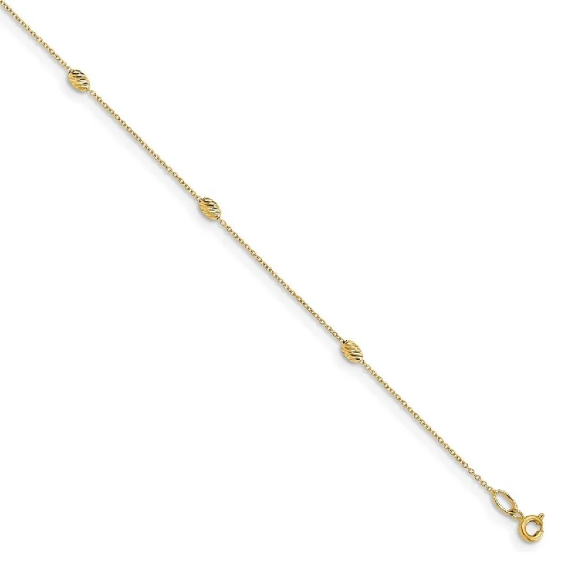 Curata Women's Italian 3mm 14k Yellow Gold Diamond-cut Bead Station Anklet - 10 Inch