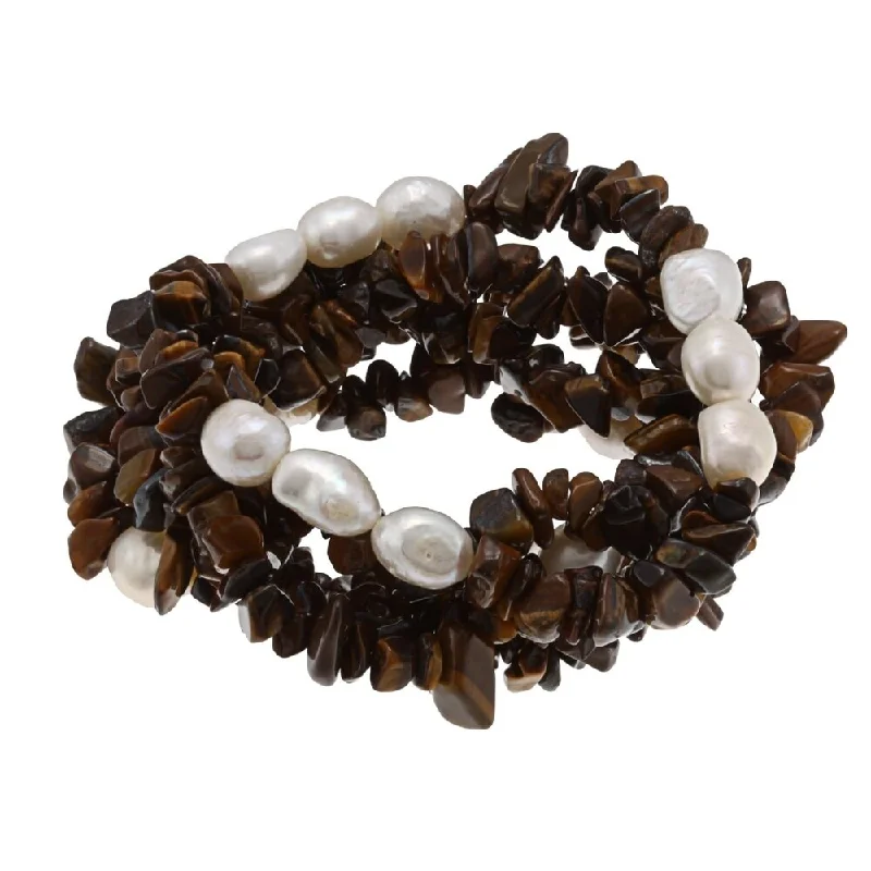 DaVonna Set of 5 White Baroque Freshwater Pearls & Chip Tiger Eye Bracelet (7-8 mm)