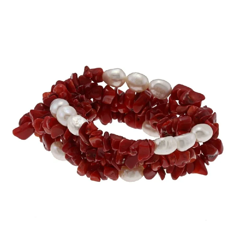 DaVonna Set of 5 White Baroque Freshwater Pearls & Red Coral Chips Bracelet (7-8 mm)