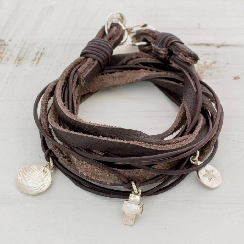 Handmade Silver Leather 'Stellar Imprint' Bracelet (Guatemala) - Brown