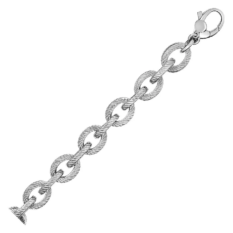 Oval Link Bracelet with Diagonal Texture in Sterling Silver