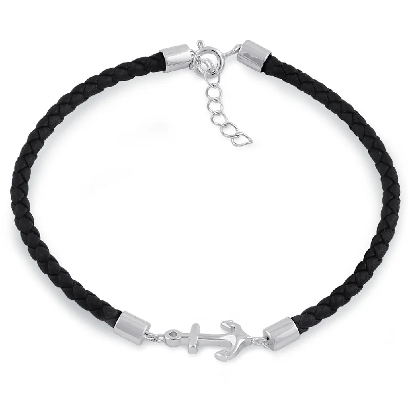 Sterling Silver Black Leather Anchor Bracelet