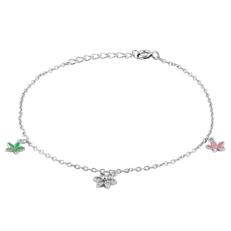 Sterling Silver Dainty Multi-Colored Charm Flower Hand Painted Clear CZ Bracelet