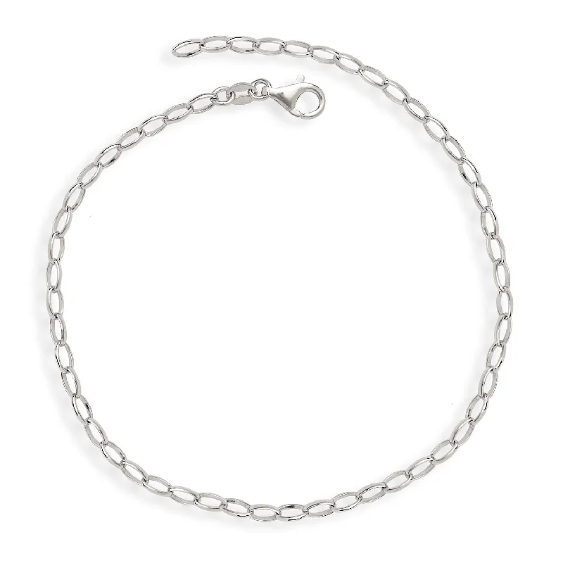 Sterling Silver Oval Rolo Link Charm 10-inch Anklet - White