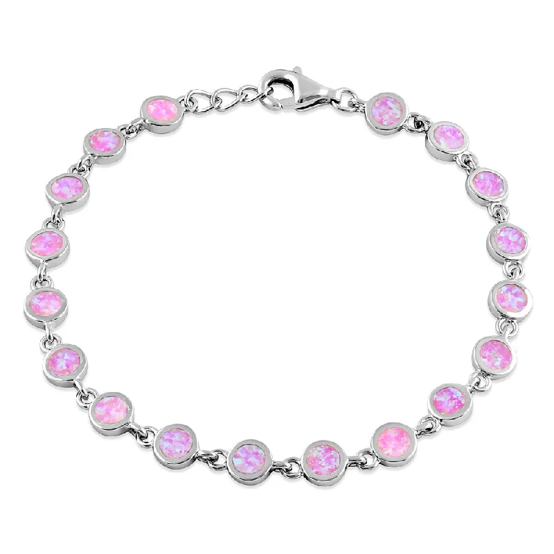 Sterling Silver Round Pink Lab Opal Bracelet