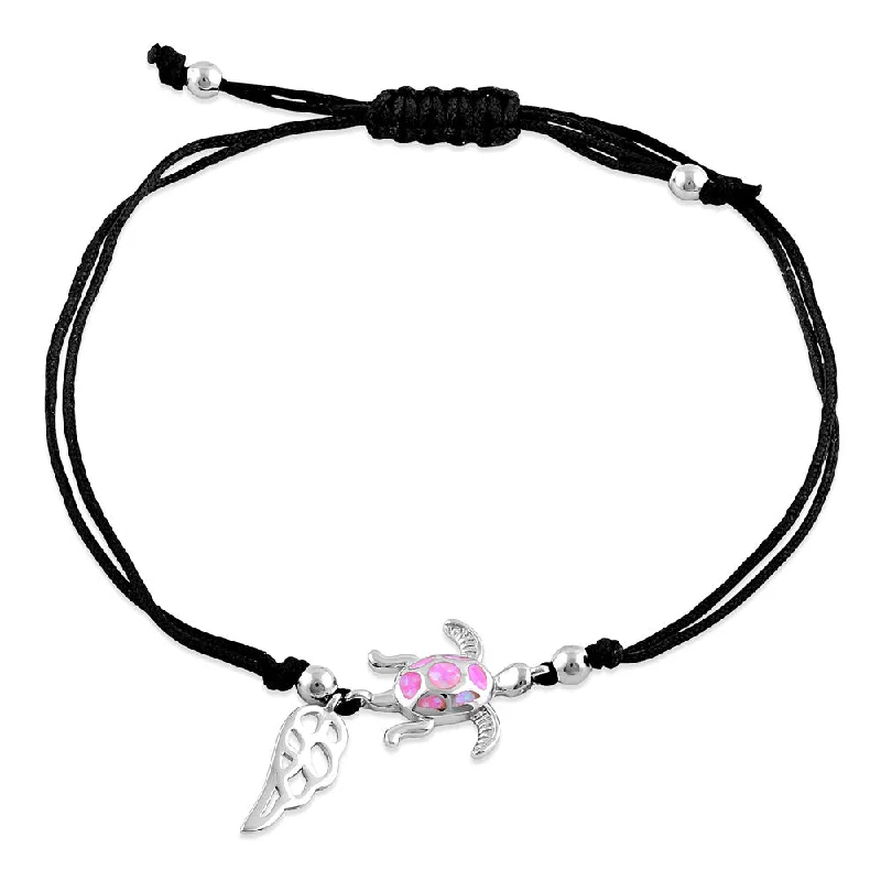 Sterling Silver Winged Pink Lab Opal Turtle Adjustable Silk Bracelet