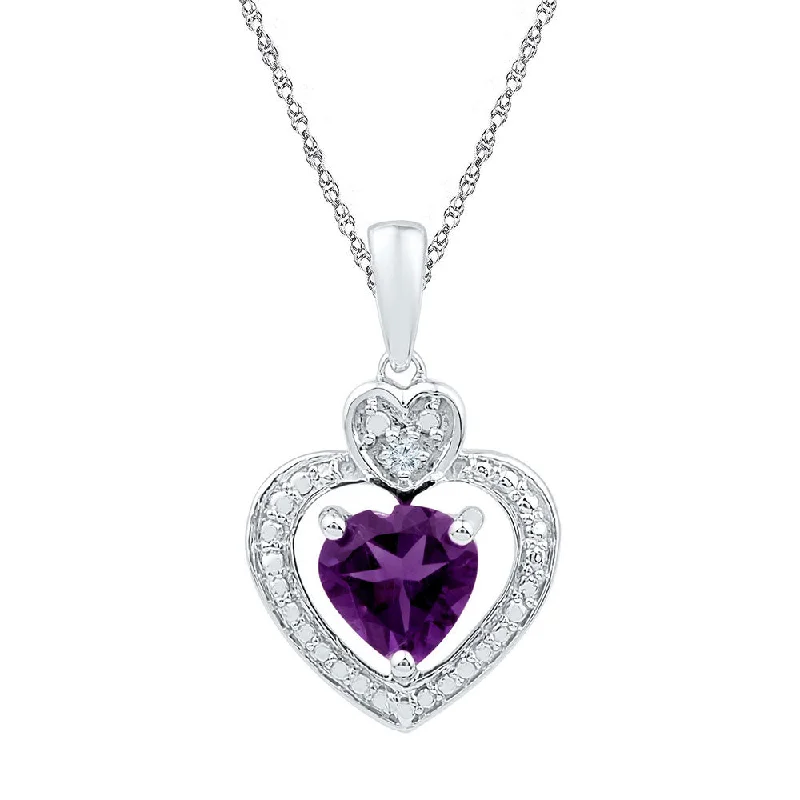 10kt White Gold Womens Heart Lab-Created Amethyst Heart & Diamond Pendant 3/4 Cttw