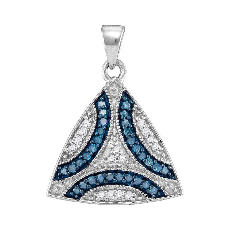 10kt White Gold Womens Round Blue Color Enhanced Diamond Triangle Cluster Pendant 1/3 Cttw