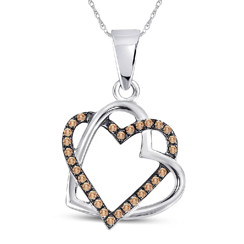 10kt White Gold Womens Round Brown Diamond Heart Pendant 1/4 Cttw